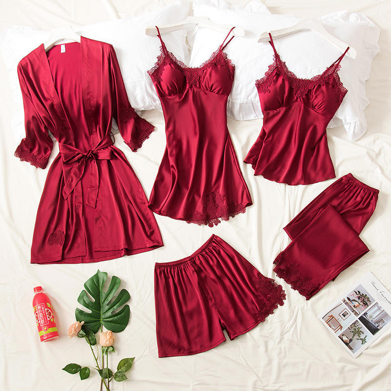 5 Piece Romantic Bridal Night Suit For Women And Girls 100% Premium Silk Set