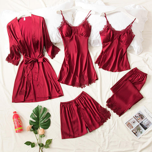 5 Piece Romantic Bridal Night Suit For Women And Girls 100% Premium Silk Set