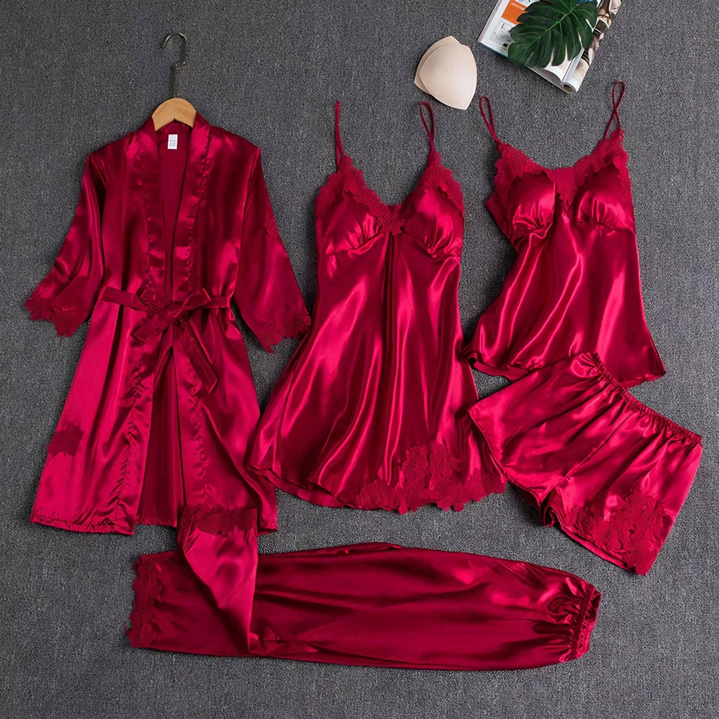 5 Piece Romantic Bridal Night Suit For Women And Girls 100% Premium Silk Set