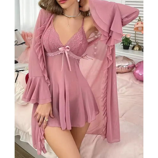 3-Piece Sleepwear Set Breathable Lace Suspenders Nightdress Deep V