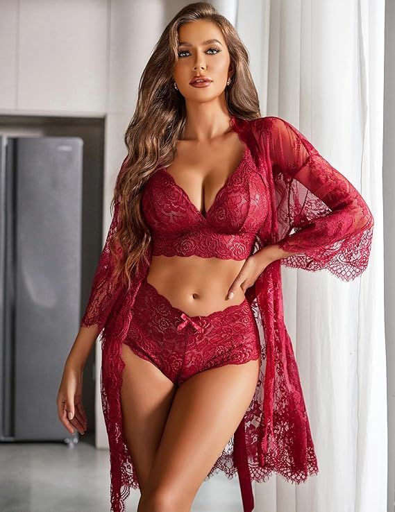 Women 3-Piece Bra and Panty Sets with Lace, Sleepwear Mesh Nightgown