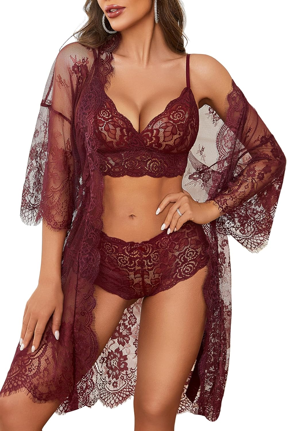 Women 3-Piece Bra and Panty Sets with Lace, Sleepwear Mesh Nightgown