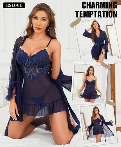 Luxury Lingerie Set for Women Lace Babydoll with Mesh Bathrobe 3 Piece Set