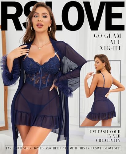 Luxury Lingerie Set for Women Lace Babydoll with Mesh Bathrobe 3 Piece Set