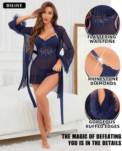 Luxury Lingerie Set for Women Lace Babydoll with Mesh Bathrobe 3 Piece Set