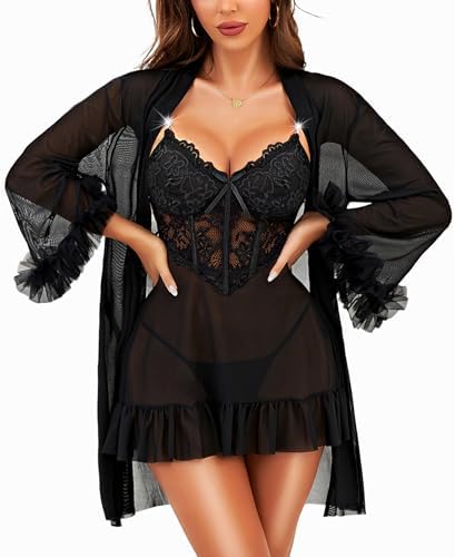 Luxury Lingerie Set for Women Lace Babydoll with Mesh Bathrobe 3 Piece Set