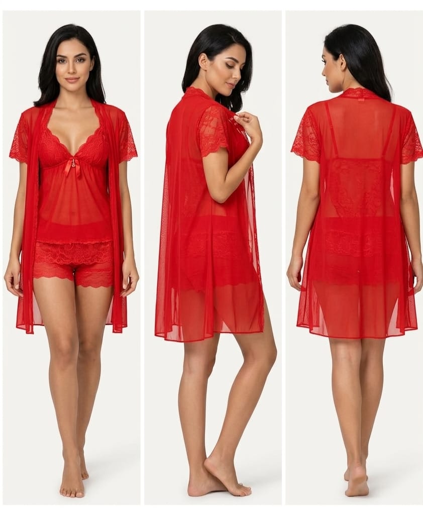 High Quality  3-Piece Red Nighty – Soft Fabric, Stylish & Comfortable