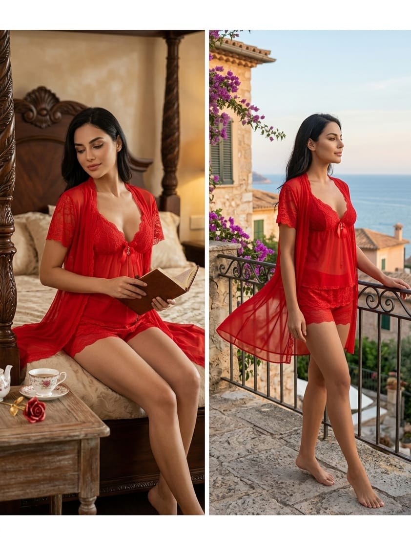 High Quality  3-Piece Red Nighty – Soft Fabric, Stylish & Comfortable